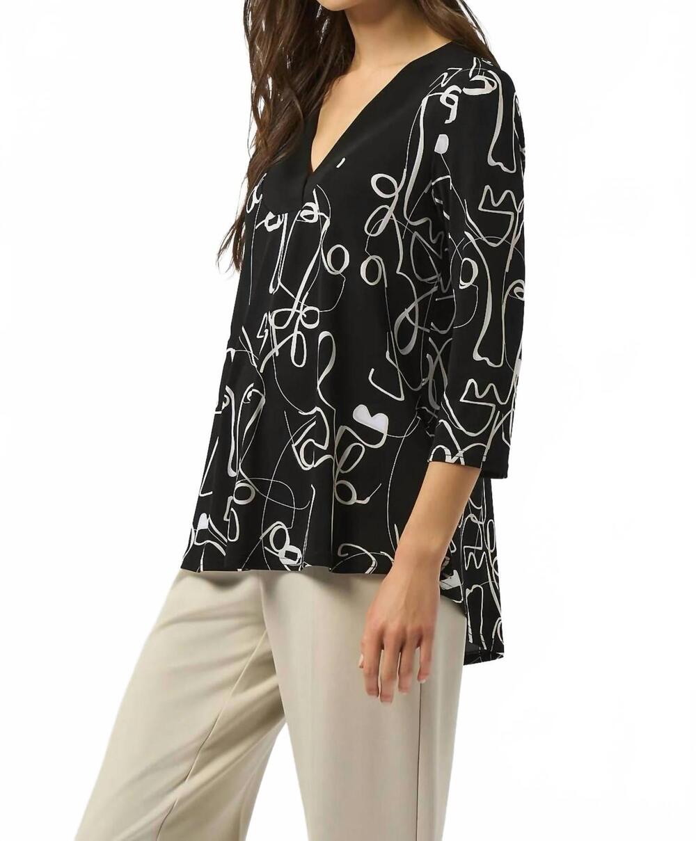 NEW JOSEPH RIBKOFF face print v-neck 3/4 sleeves asymmetric top in black/moonsto